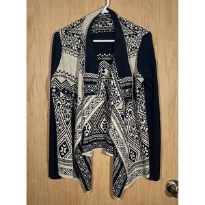 Lucky Brand Cardigan Draped Black Tan Geometric Tribal Aztec Women's Sz L
